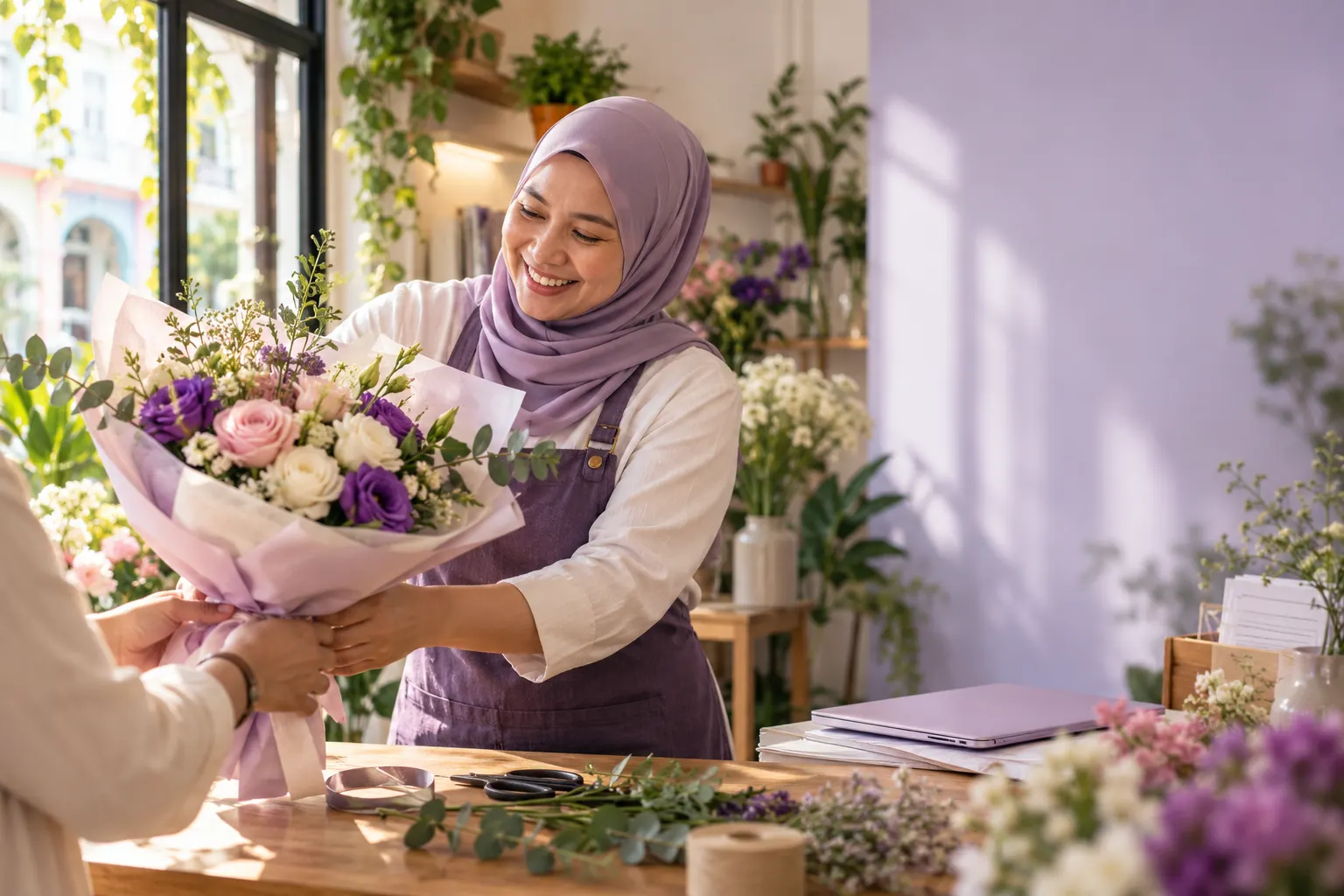 A florist returns her attention to arranging flowers for a customer.