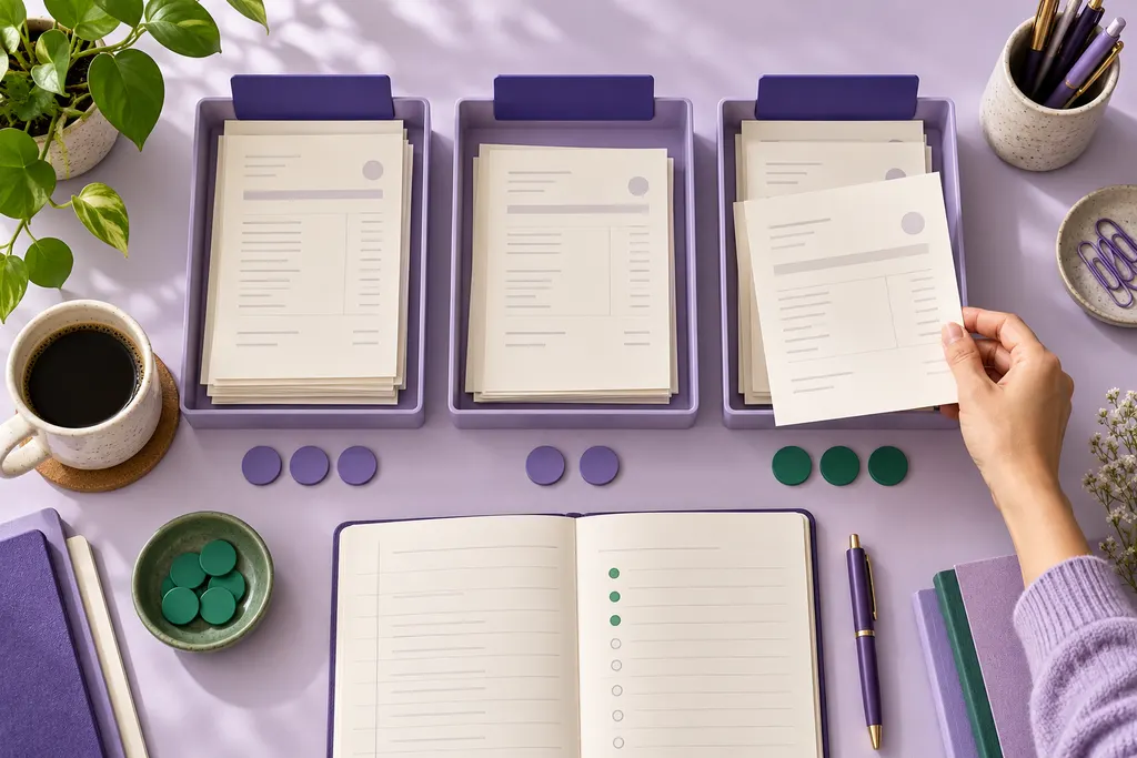 Neatly organised invoice trays and a ledger represent a clear overview.