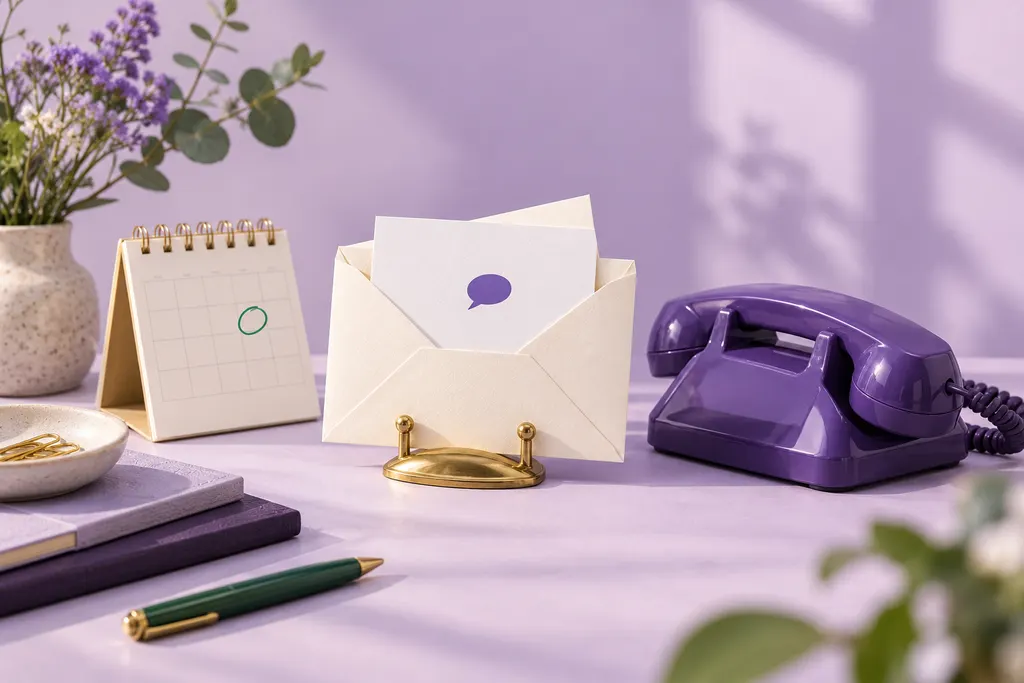 An envelope, telephone and calendar represent polite scheduled follow-up.