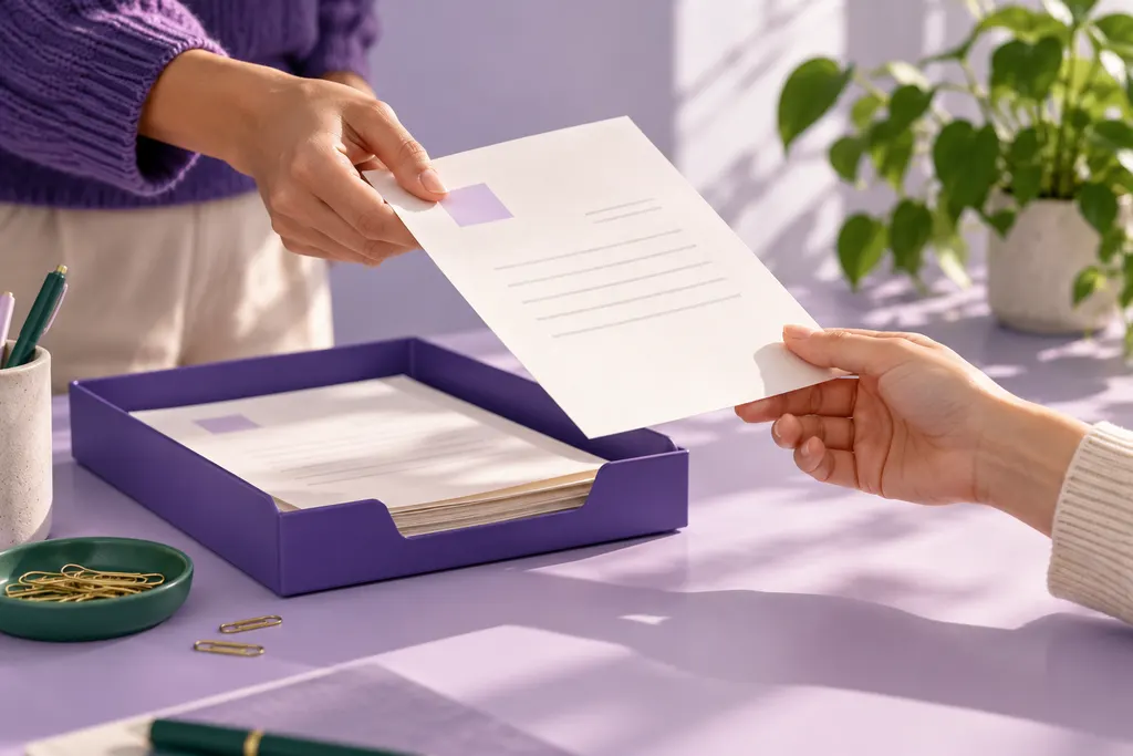 One person hands an invoice to another across a lavender desk.