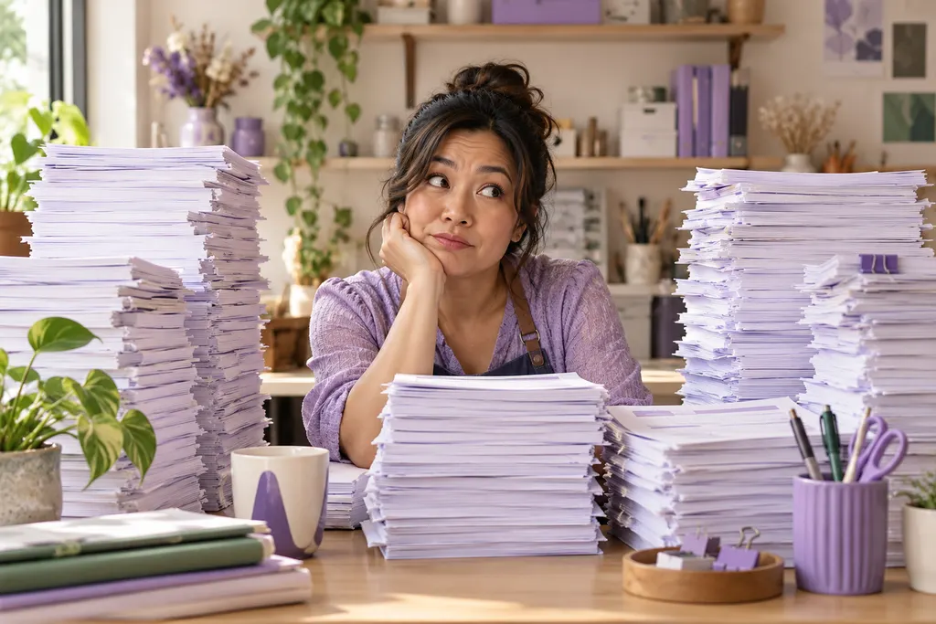 A business owner peers over tall stacks of invoices at her desk.